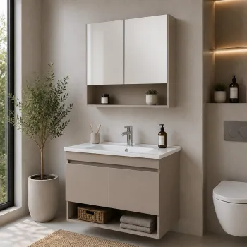 Set Dulap de Baie cu Chiuveta si Oglinda (2 Piese), Hanah Home, Compacta 80, Latte a5b2 imagine