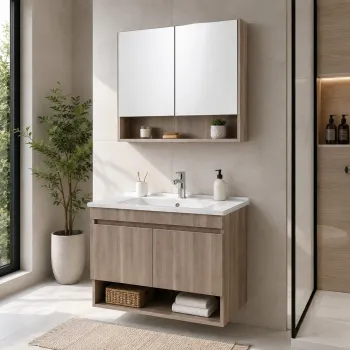 Set Dulap de Baie cu Chiuveta si Oglinda (2 Piese), Hanah Home, Compacta 80, Mesteacan musonic e6d8 imagine