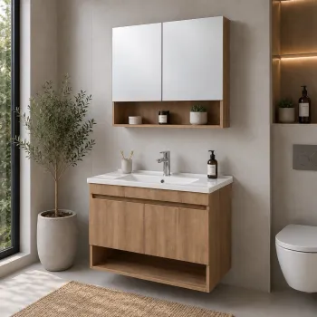 Set Dulap de Baie cu Chiuveta si Oglinda (2 Piese), Hanah Home, Compacta 80, Nuc deschis 24da imagine