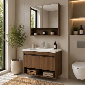 Set Dulap de Baie cu Chiuveta si Oglinda (2 Piese), Hanah Home, Compacta 80, Nuc inchis nou fd41 imagine