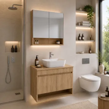 Set Dulap de Baie cu Chiuveta si Oglinda (2 Piese), Hanah Home, Compacta Bowl 80, Nuc deschis f58f imagine