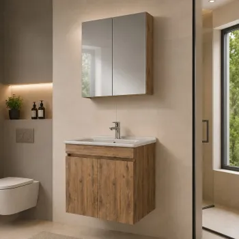 Set Dulap de Baie cu Chiuveta si Oglinda (2 Piese), Hanah Home, Fold 60, Nuc deschis 9daa imagine