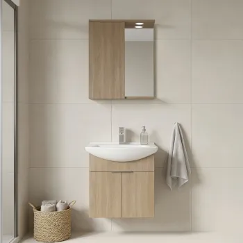 Set Dulap de Baie cu Chiuveta si Oglinda (2 Piese), Hanah Home, Purus 55, Stejar 446b imagine