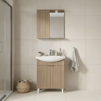 Set Dulap de Baie cu Chiuveta si Oglinda (2 Piese), Hanah Home, Purus 65, Stejar de18 imagine