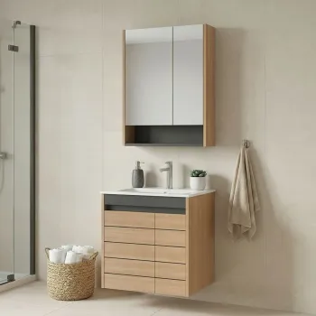 Set Dulap de Baie cu Chiuveta si Oglinda (2 Piese), Hanah Home, Ricato 60, Stejar f789 imagine