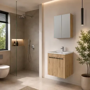 Set Dulap de Baie cu Chiuveta si Oglinda (2 Piese), Hanah Home, Snap 60, Nuc deschis 766a imagine
