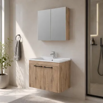 Set Dulap de Baie cu Chiuveta si Oglinda (2 Piese), Hanah Home, Snap 80, Nuc deschis acea imagine