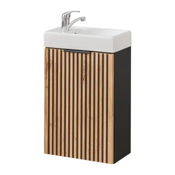 Set dulap de baie cu lavoar, 40 cm Vedea, Xilo, Comad, MDF/PAL laminat, stejar wotan/ gri piatra 7d38 imagine