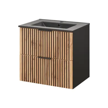 Set dulap de baie cu lavoar si sifon, 60 cm Lava, Xilo Black, Comad, MDF/PAL laminat, stejar wotan/ gri piatra 5ebd imagine