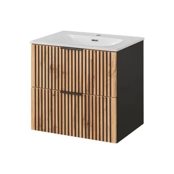 Set dulap de baie cu lavoar si sifon, 60 cm, Xilo, Comad, MDF/PAL laminat, stejar wotan/ gri piatra e9fe imagine