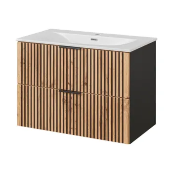 Set dulap de baie cu lavoar si sifon, 80 cm, Xilo, Comad, MDF/PAL laminat, stejar wotan/ gri piatra 7b0c imagine