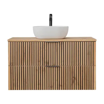 Set mobiler baie, dulap cu lavoar, 100 cm, Xilo, Comad, MDF/PAL laminat, stejar wotan/ gri piatra b853 imagine