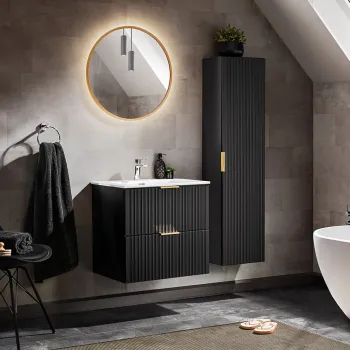 Set mobilier Adel Black 60 cm, dulap inalt, masca cu lavoar si oglinda, Comad, MDF/PAL, negru b9bc imagine