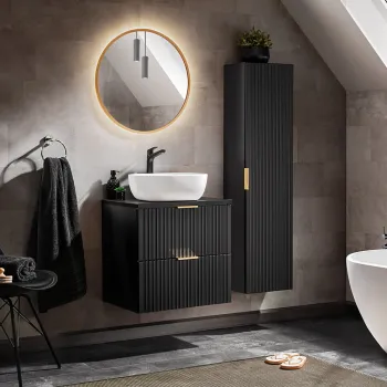 Set mobilier Adel Black Smile 60 cm, dulap inalt, masca cu lavoar si oglinda, Comad, MDF/PAL, negru 68ad imagine