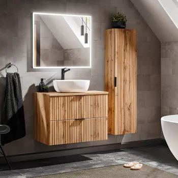Set mobilier Adel Oak 60 cm, dulap inalt, masca cu lavoar si oglinda LED, Comad, MDF/PAL, stejar 4222 imagine