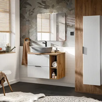 Set mobilier Adel White Wotan Anna, dulap inalt, masca cu lavoar si oglinda cu LED, Comad, alb/stejar 32f3 imagine