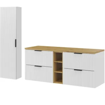 Set mobilier baie Adel White Artisan 140 cm HC, dulap inalt si masca dubla lavoar, Comad, MDF/PAL, alb mat/stejar a006 imagine