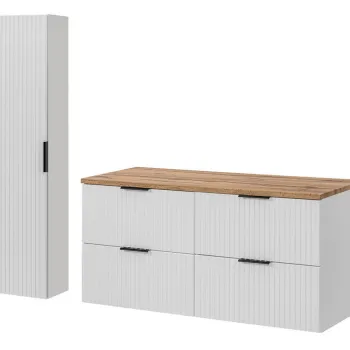 Set mobilier baie Adel White Wotan 120 cm HC, dulap inalt si masca dubla lavoar, Comad, MDF/PAL, alb mat/stejar 9637 imagine