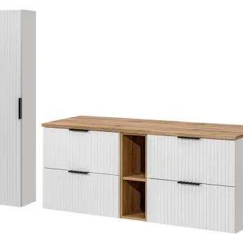 Set mobilier baie Adel White Wotan 140 cm HC, dulap inalt si masca dubla lavoar, Comad, MDF/PAL, alb mat/stejar 12e9 imagine
