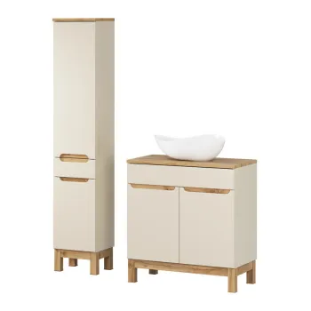 Set mobilier baie Bali Cashmere Wotan 80 cm HC LC, dulap inalt si masca cu lavoar, Comad, MDF/PAL, casmir 049f imagine
