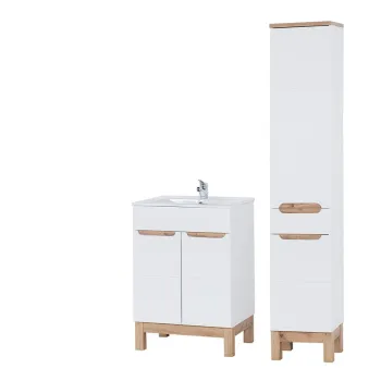 Set mobilier baie Bali White Lava 60 cm, dulap inalt si masca cu lavoar, Comad, MDF/PAL, alb 28d3 imagine