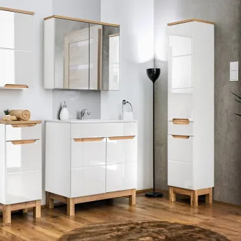 Set mobilier baie Bali White Lava 80 cm, dulapuri, masca cu lavoar si cabinet cu oglinda, Comad, MDF/PAL, alb 0550 imagine