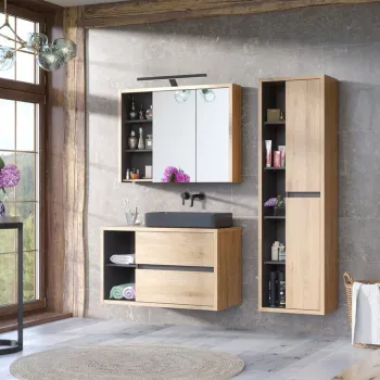 Set mobilier baie Devon 100 cm, dulap inalt, masca cu lavoar si cabinet cu oglinda, Comad, PAL, stejar/negru a936 imagine