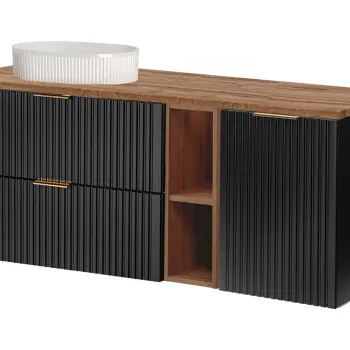 Set mobilier baie, dulap, cos de rufe integrat si lavoar, 140 cm , Adel Black, Comad, MDF/PAL laminat, negru mat/stejar wotan ad05 imagine