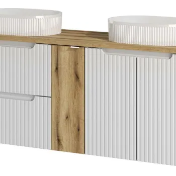 Set mobilier baie, dulap dublu si 2 lavoare, 140 cm D Un Beyond, Nova White Oak, Comad, MDF/PAL laminat, alb mat a165 imagine