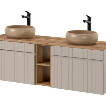 Set mobilier baie, dulap dublu si 2 lavoare, 140 cm Wiki Coast Evoke, Iconic Cashmere Oak, Comad, MDF/PAL laminat, casmir mat 8bf8 imagine