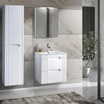 Set mobilier baie Fiji White 60 cm, dulap inalt, masca cu lavoar si oglinda, Comad, MDF/PAL, alb b9c6 imagine