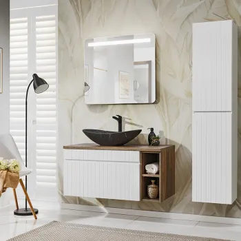 Set mobilier baie Iconic White 100 cm, dulap inalt, masca cu lavoar si oglinda, Comad, MDF/PAL, alb 89a9 imagine