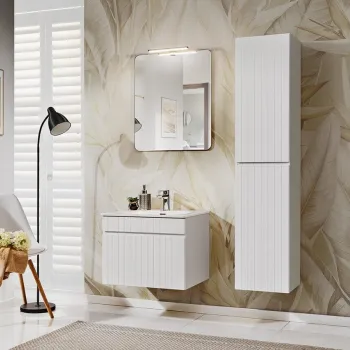 Set mobilier baie Iconic White 60 cm, dulap inalt, masca cu lavoar si oglinda cu lampa, Comad, MDF/PAL, alb 0e41 imagine