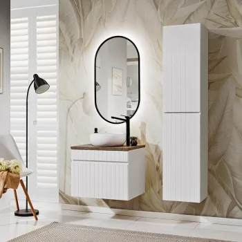 Set mobilier baie Iconic White 60 cm, dulap inalt, masca cu lavoar si oglinda LED, Comad, MDF/PAL, alb a892 imagine