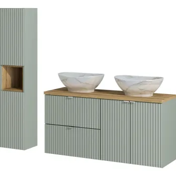Set mobilier baie Line Reed Green 120 cm, dulap inalt si masca dubla cu lavoar, Comad, MDF/PAL, verde cec2 imagine