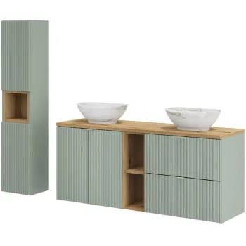 Set mobilier baie Line Reed Green 140 cm, dulap inalt si masca dubla cu lavoar, Comad, MDF/PAL, verde b1a1 imagine