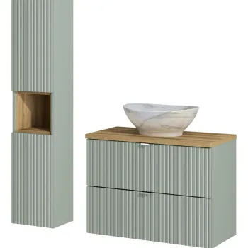 Set mobilier baie Line Reed Green 80 cm, dulap inalt si masca cu lavoar, Comad, MDF/PAL, verde a911 imagine