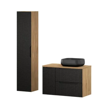 Set mobilier baie Luxor Black 90 cm, dulap inalt si masca cu lavoar, Comad, MDF/PAL, stejar/negru 0929 imagine