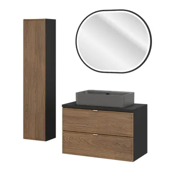 Set mobilier baie, masca cu lavoar, dulap inalt si oglinda LED, 80 cm Trust, Talia Casella Black, Comad, MDF/PAL laminat, stejar casella/negru mat c3ec imagine