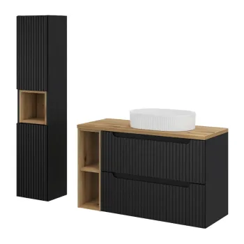 Set mobilier baie Nova Black Beyond 100 cm, dulap inalt si masca cu lavoar, Comad, MDF/PAL, negru/stejar 011e imagine