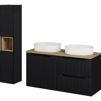 Set mobilier baie Nova Black Beyond 120 cm, dulap inalt si masca dubla cu lavoar, Comad, MDF/PAL, negru/stejar 923f imagine