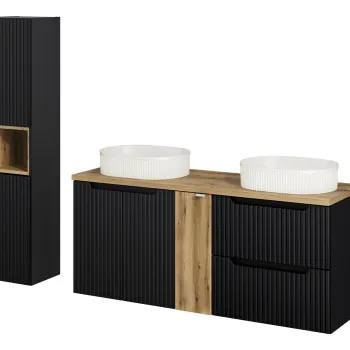 Set mobilier baie Nova Black Beyond 140 cm, dulap inalt si masca dubla cu lavoar, Comad, MDF/PAL, negru/stejar 2838 imagine