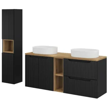 Set mobilier baie Nova Black Beyond 140 cm, dulap inalt si masca dubla cu lavoar si raft, Comad, MDF/PAL, negru/stejar 8074 imagine