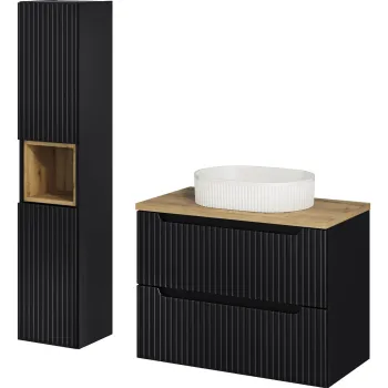 Set mobilier baie Nova Black Beyond 80 cm, dulap inalt si masca cu lavoar, Comad, MDF/PAL, negru/stejar f804 imagine