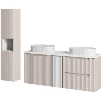 Set mobilier baie Nova Cashmere Beyond 140 cm, dulap inalt si masca dubla cu lavoar, Comad, MDF/PAL, casmir/alb cee0 imagine