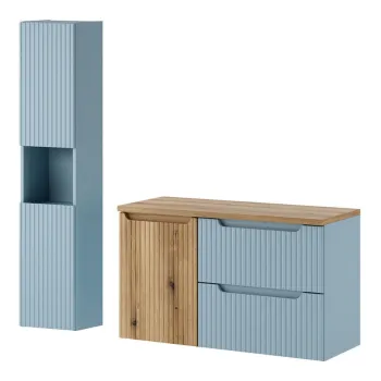 Set mobilier baie Nova Denim 100 cm, dulap inalt si masca lavoar cu cos de rufe integrat, Comad, MDF/PAL, albastru denim 7a42 imagine