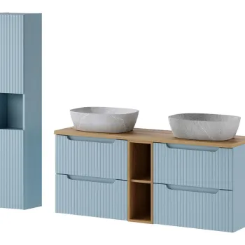 Set mobilier baie Nova Denim Anna 140 cm, dulap inalt si masca dubla cu lavoar, Comad, MDF/PAL, albastru denim 3520 imagine