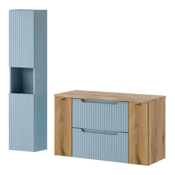 Set mobilier baie Nova Denim Oak 100 cm, dulap inalt si masca lavoar, Comad, MDF/PAL, albastru denim a682 imagine