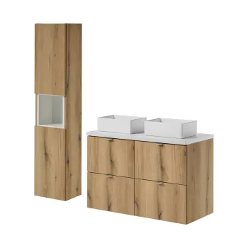 Set mobilier baie Nova Oak 100 cm, dulap inalt si masca dubla cu lavoar, Comad, MDF/PAL, stejar/alb 2306 imagine