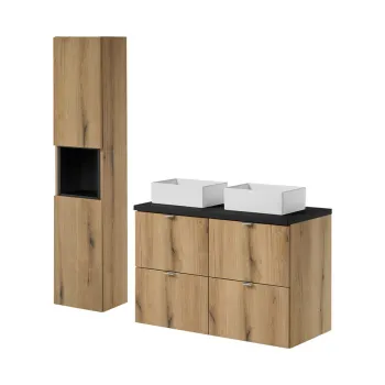 Set mobilier baie Nova Oak 100 cm, dulap inalt si masca dubla cu lavoar, Comad, MDF/PAL, stejar/negru 57f6 imagine